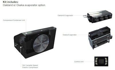 Oakland and Osaka kits components include a compressor/condenser unit, choice of overhead-mount (Oakland) or floor-mount (Osaka) evaporators and a digital user interface with an easy-to-read LCD display.