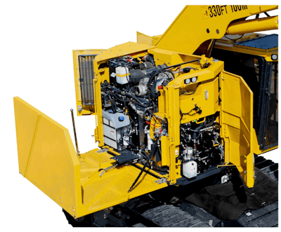 A gull-wing style engine hood to provide an elevated service platform. Four other service doors swing wide for excellent access.