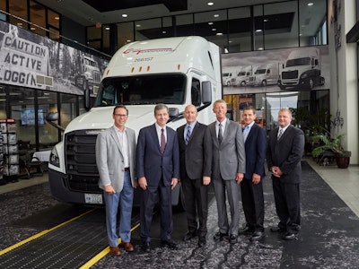 From left to right: DTNA Senior Vice President of Operations and Specialty Vehicles Jeff Allen; North Carolina Governor Roy Cooper; DTNA CEO Roger Nielsen; Freightliner Trucks Vice President of Sales Bob Correll; Cleveland Truck Manufacturing Plant Manager Erik Johnson; and Chairman of Cargo Transporters John Pope.