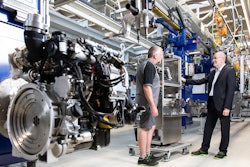 Wilfried Riemann, COO (right), and Martin Kandlinger, Equipment design/automation technology, during the renovations of the state-of-the-art engine production line, where the Hatz H-series engines are constructed.