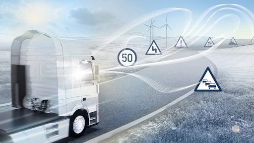 Bosch electronic horizon uses high-definition map with topographical data of the route ahead to inform the engine and transmisison of the most efficient driving strategy. Learn more at oemoffhighway.com/21016143.