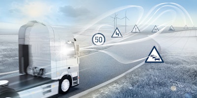 Bosch electronic horizon uses high-definition map with topographical data of the route ahead to inform the engine and transmisison of the most efficient driving strategy. Learn more at oemoffhighway.com/21016143.