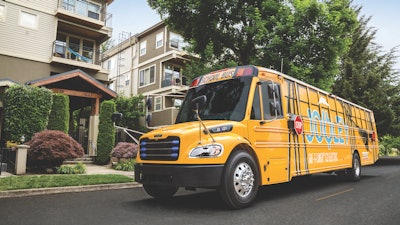 The Thomas Built Buses Saf-T-Liner C2 all-electric Jouley school bus.