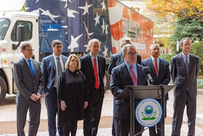 Acting EPA Administrator Andrew Wheeler announced the Cleaner Trucks Initiative alongside (from left to right): Ben Grumbles of the Maryland Department of the Environment; Josh Nassar of the International Union, United Automobile, Aerospace and Agricultural Implement Workers of America; Becky Keogh of the Environmental Council of States; Bill Sullivan of the American Trucking Association; Lewie Pugh of the Owner-Operator Independent Drivers Association; Jed Mandel of the Truck & Engine Manufacturers Association; EPA Assistant Administrator for the Office of Air and Radiation Bill Wehrum.