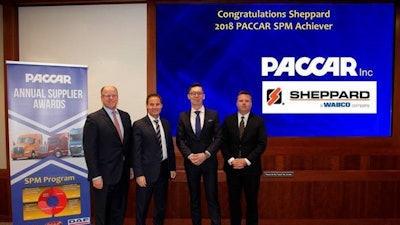PACCAR recognizes WABCO’s Sheppard steering technologies unit with a 2018 PACCAR Supplier Management Achiever Award. Pictured left to right: Don Schulte, Senior Director of Purchasing, PACCAR; Ron Augustyn, Vice President of Global Purchasing, PACCAR; Piotr Sroka, WABCO Business Leader, Global Steering; and James Craig, Director of Purchasing, PACCAR.