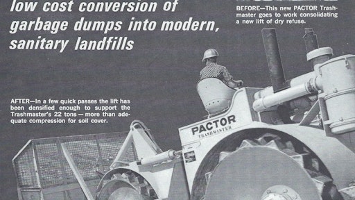 1966 advertisement for the Pactor Trashmaster, the earliest known purpose-built landfill compactor.