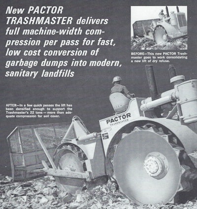 1966 advertisement for the Pactor Trashmaster, the earliest known purpose-built landfill compactor.