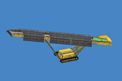 The Keestrack S5e Solar includes photovoltaic modules in the 'sun sail' to provide renewable energy for the battery-powering the fully electric 23-m stacker.