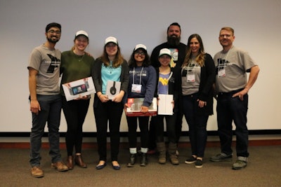 Winning team, Fantasy Farming, and judges. l to r: Rahul Surti, Hanna Parker, Sara Legg, Devashri Nagarkar, Salina Ortega, Lena Head, Site Director of the AGCO Acceleration Center; Brandon Dohman, Head of Digital Innovation Lab, North America, Syngenta; and Lance Brown, Director of Global Learning and Development, AGCO Grain and Protein.