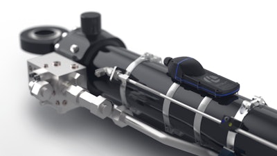 Hydroline's LEO predictive maintenance technology is integrated directly onto a hydraulic cylinder to collect performance data.
