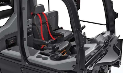 The two-person cab for Caterpillar's 740 GC articulated dump truck features its 'external spinal-ROPS' system.