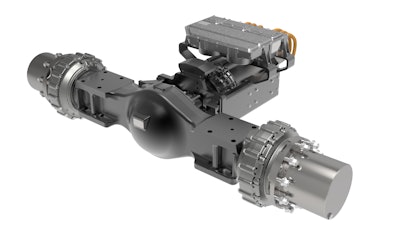 The Dana Spicer Electrified e-Axle Combines Dana’s heavy axle design with high-efficiency TM4 SUMO HP motor/generator and inverter combination.
