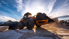 The methane powered concept wheel loader effortlessly tackles tough terrain.
