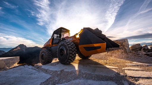 The methane powered concept wheel loader effortlessly tackles tough terrain.