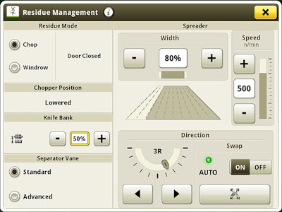 Auto Swap, automatically swaps direction of residue 180 degrees when the combine turns on a headland, redistributing it in the other direction.