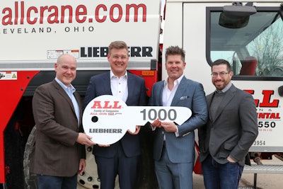 Members of the Liebherr and All Crane team recently celebrated the handover of the 1,000th LTM 1200-5.1. From left are Brian Peretin, Liebherr’s General Manager of Sales for Mobile and Crawler Cranes; Reinhold Breitenmoser, Regional Sales Manager for Liebherr Werk, Ehingen, Germany; Michael Liptak, CEO and President of ALL Crane; Lawrence Liptak, Corporate Controller, ALL Crane.