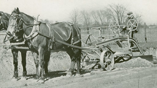 Towards the end of the horse-drawn era, this aptly named Galion Pony grader is drawn by its properly rated horse power.