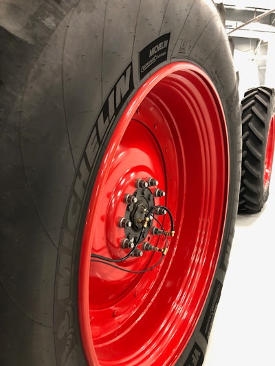 The VarioGrip tire inflation system allows operators to quickly inflate and deflate tires as necessary with the push of a button in the cab.