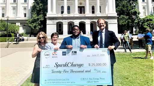 SparkCharge was named the overall winner of the 2019 California Climate Cup. From left to right: Elin Svanström, Sponsorship & Events Project Manager, Volvo Construction Equipment; Dawn Fenton, Director of Public Affairs, Volvo Group North America; Joshua Aviv, CEO, SparkCharge; Matt Petersen, President & CEO, Los Angeles Cleantech Incubator.