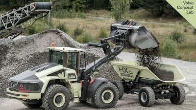 Volvo’s autonomous hauler concept machine HX1 with the electric wheel loader concept LX2.