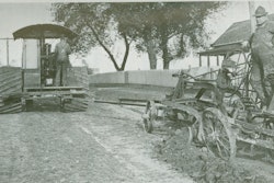 Offset grading near Clinton, IL, with an Adams Road King and a Rumley Oil Pull tractor.