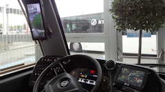 Vision Systems' camera monitoring system Smart-Vision eliminates lateral blind spots and features an in-cab display on the vehicle's A-pillar to improve visibility.