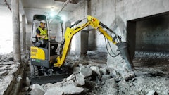 The Wacker Neuson battery-powered EZ17e mini excavator produces zero emissions, enabling use in buildings and other noise- or emissions-sensitive areas.