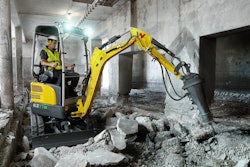 The Wacker Neuson battery-powered EZ17e mini excavator produces zero emissions, enabling use in buildings and other noise- or emissions-sensitive areas.