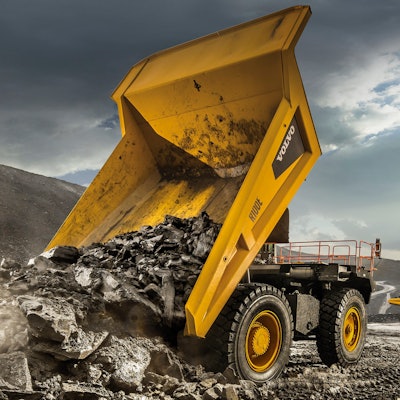 The new Volvo R100E Rigid Hauler features a 95-ton (95,000-kg) payload capacity.