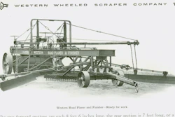 This rolling Swiss Army knife is the Western Wheeled Scraper Road Planer and Finisher. It combines a scarifier, wing blades to gather material to the crown, a trailing drag to finish the surface, and a drum roller.