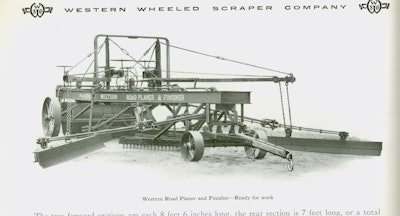 This rolling Swiss Army knife is the Western Wheeled Scraper Road Planer and Finisher. It combines a scarifier, wing blades to gather material to the crown, a trailing drag to finish the surface, and a drum roller.