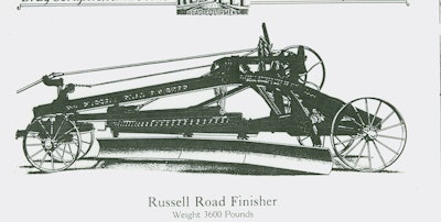 Along with a multiple-blade planer, Russell also offered the Road Finisher. It was drawn by 6-12 horses or a 15-20 hp (11.2-14.9 kW) vehicle, and its 15-ft. (4.6 m) blade contained two pivots that enabled it to be shaped to the desired road crown.