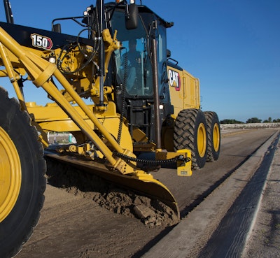 Caterpillar's new 150 AWD motor grader features all-wheel drive that assists with traction and maneuvering.
