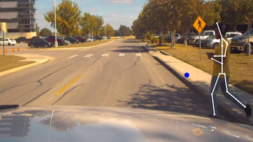 SwRI’s human motion prediction system overlays sparse skeletal features on pedestrians to predict movement. The blue dot in this image predicts the future direction of pedestrian on right. Deep learning algorithms predict motion based on pelvic biomechanical movement.