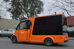 The udelv last-mile delivery vehicle operates autonomously and is supervised by a safety driver.