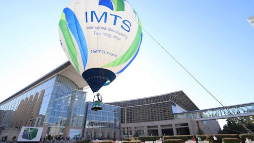 IMTS balloon welcoming everyone to IMTS 2018 from McCormick Place Square.