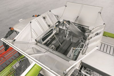 A larger grain tank capacity enables farmers to harvest longer in the field.