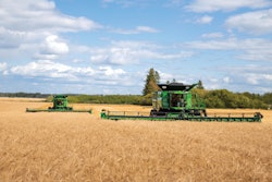 A new John Deere X9 1100 Combine with HDR Rigid Cutterbar Draper can harvest up to 30 acres of wheat per hour.