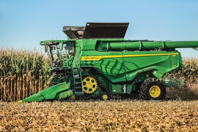 The new John Deere X9 Combine and C16F Folding Corn Head can harvest up to 7,200 bushels per hour of high-yielding corn.