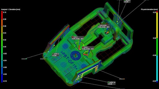 Volume Graphics software provides a visual, comprehensive, and easily understandable representation of a part’s geometrical deviations. Depending on the toleranced element, certain methods for visualizing the actual deviations can be activated, e.g., a colored and scaled deviation vector for position tolerances (above), while simultaneously showing entire patterns of position tolerances.