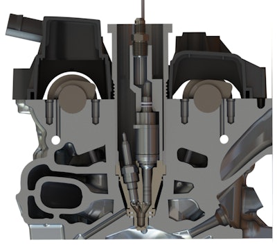 Active MJI uses a secondary fuel injector to supply the pre-chamber, alongside the pre-chamber spark plug.