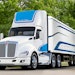 The Kenworth T680E has an estimated operating range of 150 mi., depending on application.