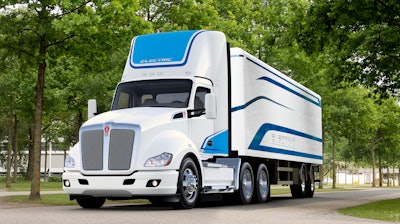The Kenworth T680E has an estimated operating range of 150 mi., depending on application.