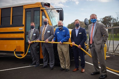 Pictured from left to right: Caley Edgerly, President and CEO of Thomas Built Buses; Dr. Jeff Cassell, Superintendent of Waynesboro City Public Schools; Floyd Merryman, President and CEO of Sonny Merryman; Eric Reynolds, Senior Director of Channel Sales at Proterra; and Dan Weekley, Vice President of Energy Innovation Policy & Implementation