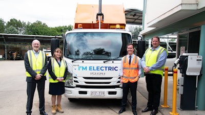 L-R: Glen Walker, Regional Director Oceania – SEA Electric; Trish Campbell, Senior Director of Sustainability, Facilities & Fleet – Transport Canberra; Chris Steel, Minister for Transport – ACT Government; James Gildea, Sales Manager – Isuzu Canberra