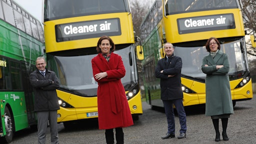 Stephen Kent (Chief Executive Officer, Bus Éireann), Hildegarde Naughton TD (Minister of State at the Department of Transport, Tourism and Sport), Ray Coyne (Chief Executive Officer, Dublin Bus) and Anne Graham (Chief Executive Officer, National Transport Authority)