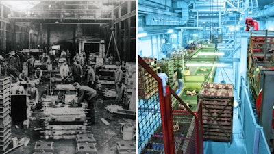 The foundry in Lohr am Main around 90 years ago and today.
