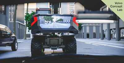 A real-time video stream from the front of the new EX03 electric excavator allows vehicles behind it to clearly see ahead when driving on public highways.