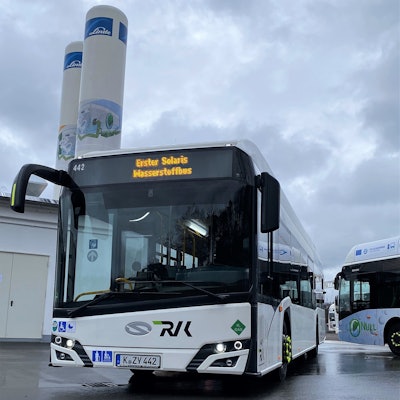The Solaris Urbino 12 hydrogen bus includes batteries as well to provide a boost of electric power as needed.