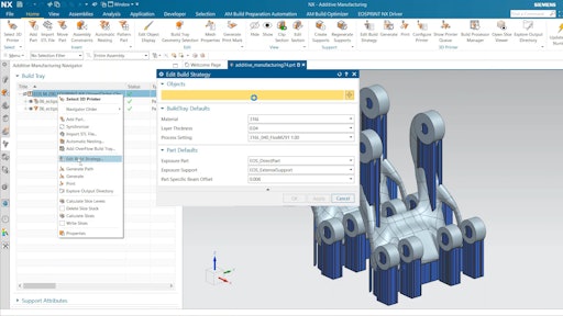 The integration of NX AM software with EOS’ job and process management software EOSPRINT 2 enables users to generate EOS build files directly in NX, defining material, exposure sets, and beam offset values, among other variables.